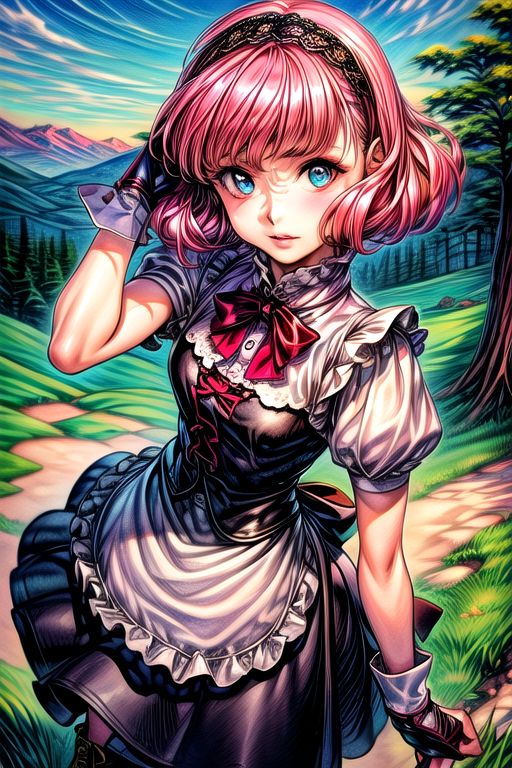 masterpiece, best quality, <lora:lemrina:1>,
lemrina vers envers, 1girl, solo, flower, hairband, dress, blue eyes, bob cut,  short hair, pink hair, blunt bangs, hair ribbon, (best quality) , (highly detailed) ,masterpiece ,absurdres ,detailed face ,beautiful face ,(detailed eyes, deep eyes, anime eyes), 
,bag, peach, gloves, fruit, lace-up boots, day, food, watercolor (medium), smile, hand on hip, grass, bow, backpack, short sleeves, outdoors, fingerless gloves, mountain, apron, skirt, hand on headwear, standing, sword of hisou, looking at viewer, leaf, blue sky, sword, shirt, alternate hairstyle, dress, black gloves