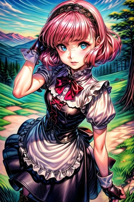 masterpiece, best quality, <lora:lemrina:1>,
lemrina vers envers, 1girl, solo, flower, hairband, dress, blue eyes, bob cut, short hair, pink hair, blunt bangs, hair ribbon, (best quality) , (highly detailed) ,masterpiece ,absurdres ,detailed face ,beautiful face ,(detailed eyes, deep eyes, anime eyes),
,bag, peach, gloves, fruit, lace-up boots, day, food, watercolor (medium), smile, hand on hip, grass, bow, backpack, short sleeves, outdoors, fingerless gloves, mountain, apron, skirt, hand on headwear, standing, sword of hisou, looking at viewer, leaf, blue sky, sword, shirt, alternate hairstyle, dress, black gloves