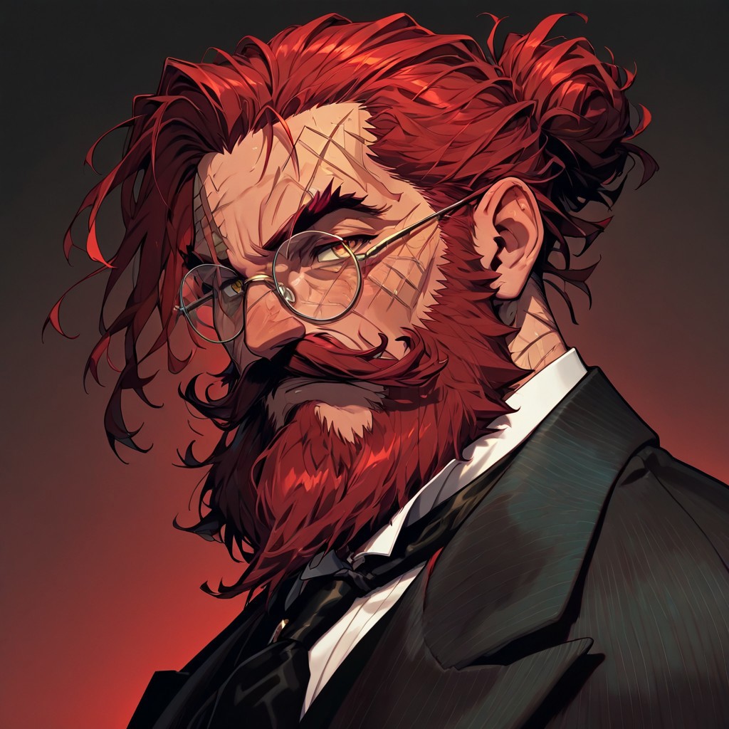 masterpiece, best quality, newest, absurdres, highres, FCOMV1.0, 1boy, glasses, red hair, suit, round glasses, beard, facial hair, mustache, scar, scars on face