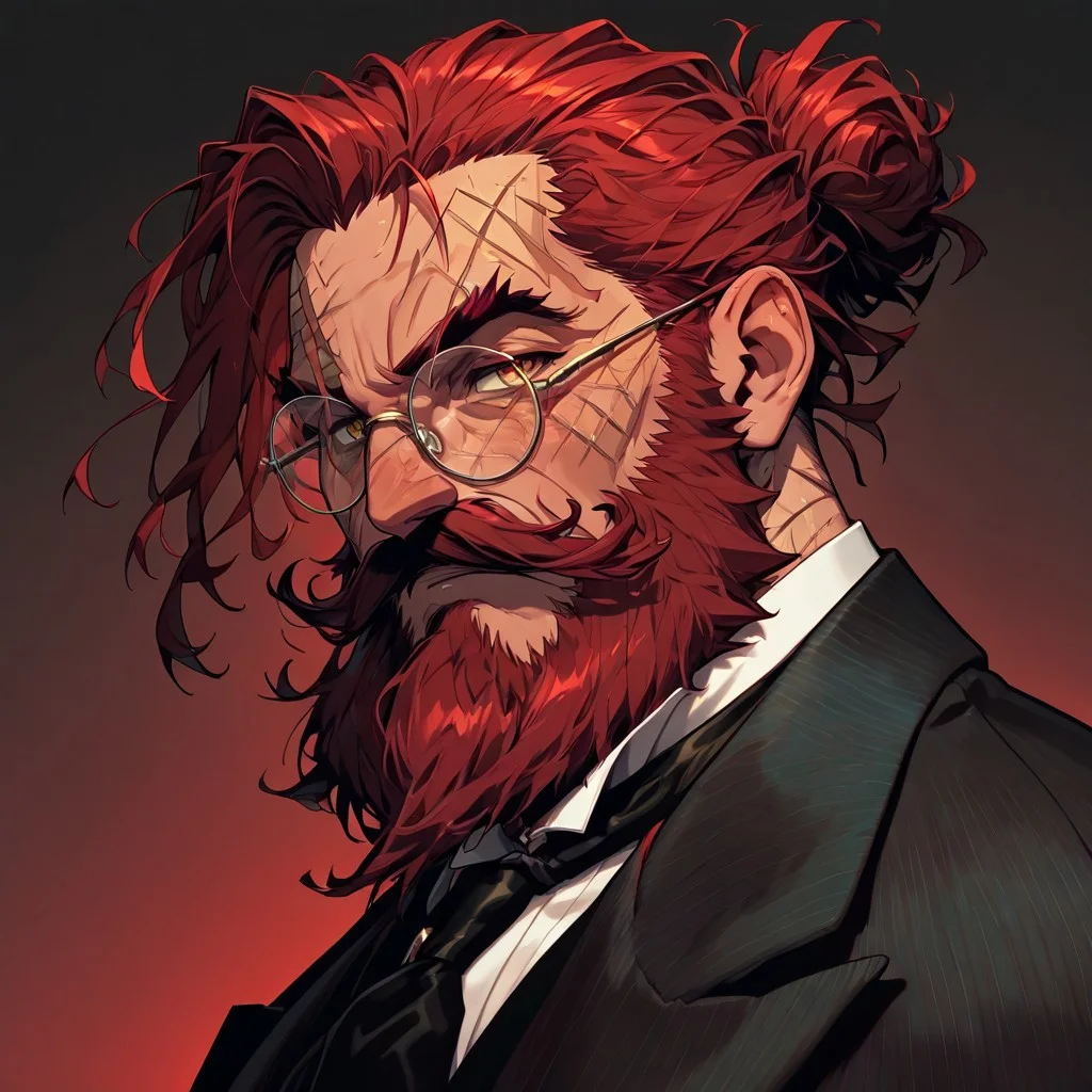 masterpiece, best quality, newest, absurdres, highres, FCOMV1.0, 1boy, glasses, red hair, suit, round glasses, beard, facial hair, mustache, scar, scars on face