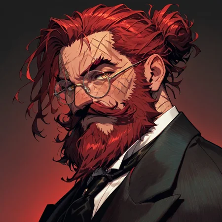 masterpiece, best quality, newest, absurdres, highres, FCOMV1.0, 1boy, glasses, red hair, suit, round glasses, beard, facial hair, mustache, scar, scars on face