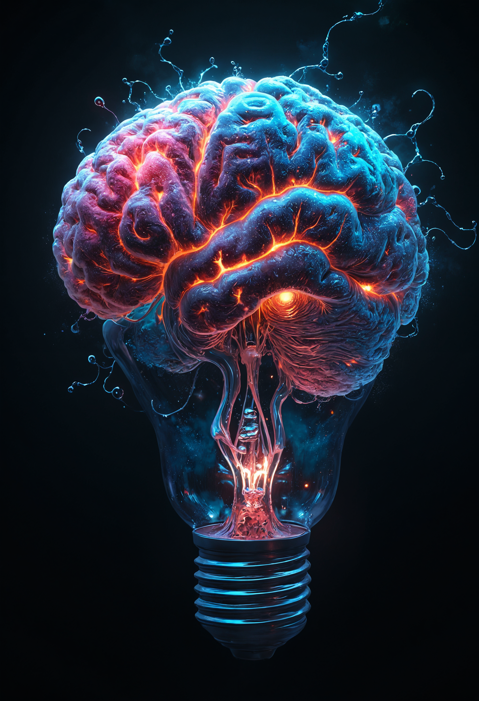 Hyper-realistic surrealist image of a human brain morphed into the shape of a classic Edison lightbulb. The brain's intricate gyri and sulci are meticulously detailed, with visible blood vessels and neural pathways pulsing with bioluminescent energy. The brain-bulb floats in a dark void, emanating a soft, ethereal glow from within. Sleek, futuristic LED strips spiral around the brain's contours, pulsating with electric blue light that contrasts sharply with the warm, organic tones of the brain tissue. Dramatic rim lighting outlines the brain-bulb's silhouette, creating a halo effect that separates it from the background. Volumetric lighting pierces through the scene, visible as beams of particulate-filled light that seem to bend and refract around the brain's folds. Delicate filaments, resembling both neurons and traditional lightbulb filaments, crisscross the interior of the brain-bulb, sparking with synaptic activity. The base of the bulb seamlessly transitions into a tangle of nerve endings that fade into the darkness. Hyperrealistic water droplets cling to the surface, refracting and distorting the light beneath. The overall effect is a mesmerizing blend of organic and technological elements, rendered with photographic precision yet composing an impossible, surreal scene that challenges the viewer's perception of reality and consciousness.