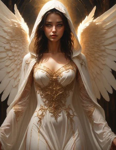 a beautiful angel woman wearing an intricate white dress, painted, oil on canvas, detailed painting, limited color palette, oil artwork, trending on artstation, soft natural light, sharp focus, concept art, dramatic illumination ray, black sun, glowing eyes, hooded, ethereal,
<lora:artiangel:0.5> artiangel