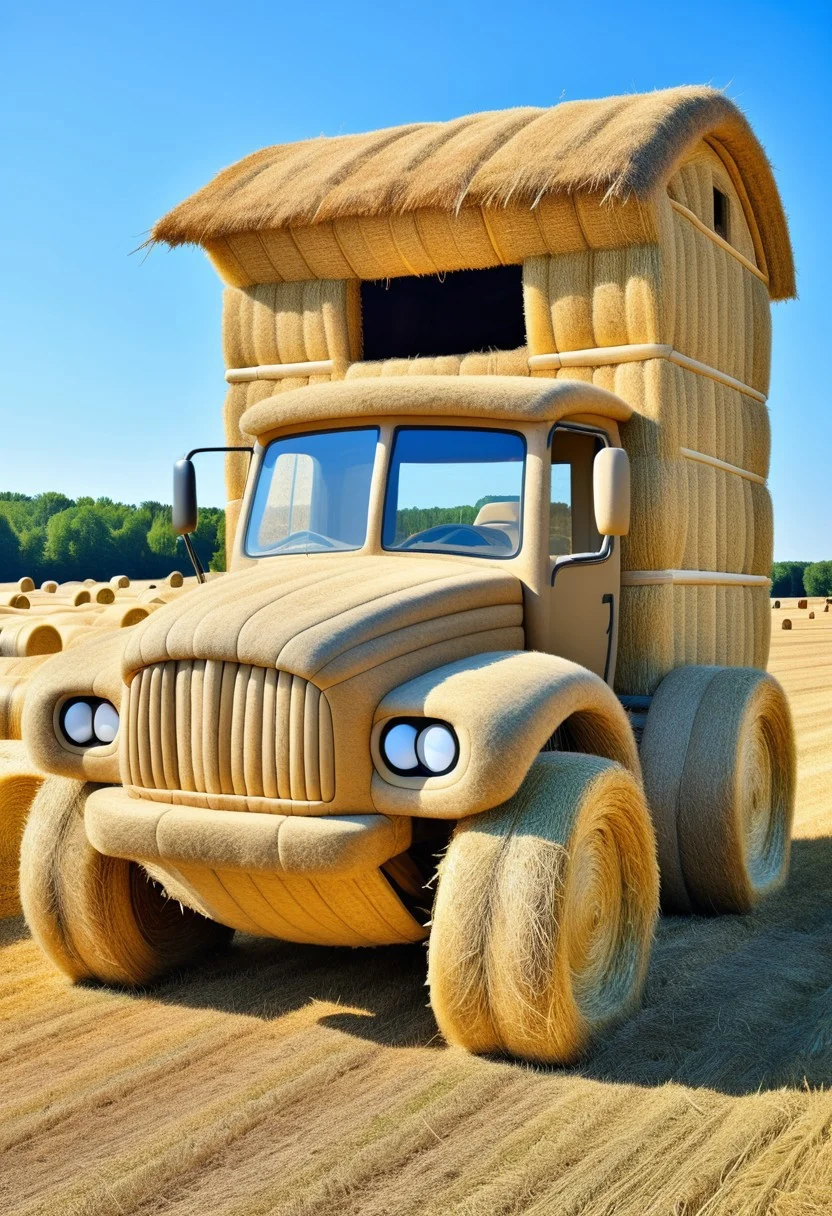 Beautiful and funny hay-bale cab.
Balanced composition. Attractive color palette. Intricate. Humorous. Funny.