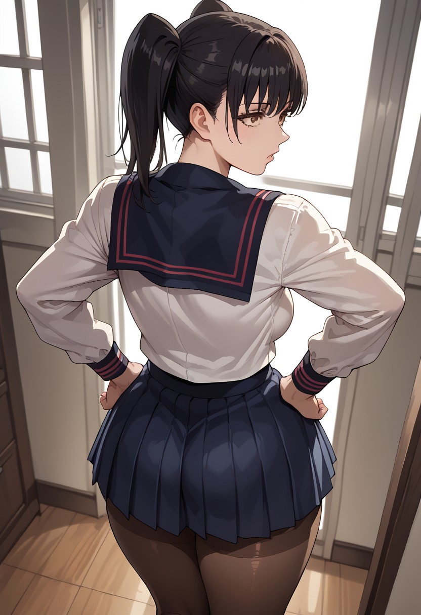 score_9_up, score_8_up, score_7_up, score_6_up, score_5_up, score_4, source_anime, 1girl, tall female, black hair, bangs, twintails, brown eyes, serafuku, blue skirt, pleated skirt, pantyhose, 
solo, room, medium breasts, medium butt, hips, thighs, thick thighs, standing, back, hands on hips, looking at the viewer, above view