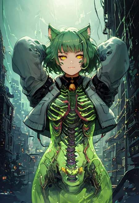 3l3m3ntp, cr1tter, detailed, transparent, (sexy pose),
woman, arms up, smirk, closed mouth, yellow eyes, makeup, fluffy green cat ears, short green hair, bangs, cat whiskers marks, large breasts, green cat tail, grey jacket off shoulder long sleeves, open clothes, socks, neck bell,
(futuristic night city tokyo:1.4), (green neon), brutalist architecture,
score_9, score_8, score_7, score_6, absurdres, skeleton, spine, hip_bones, ribcage, legs bones, solo, half body,
(transparent, transparent_body, transparent_skin),
