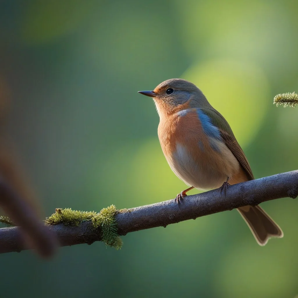 close-up A little bird on a tree branch, ultra detailed, cute, natural sunlight, forest environment, best quality, professional photography, masterpiece, life-like, taken with Canon EOS R5 Camera, 8k