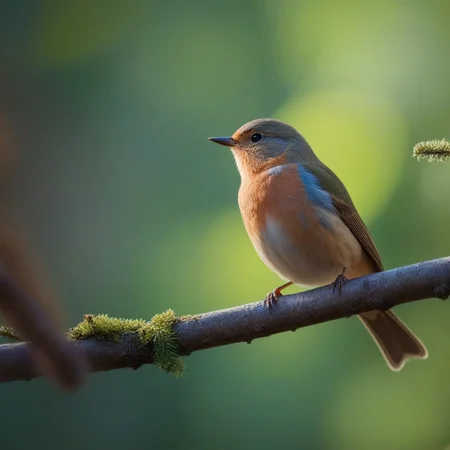 close-up A little bird on a tree branch, ultra detailed, cute, natural sunlight, forest environment, best quality, professional photography, masterpiece, life-like, taken with Canon EOS R5 Camera, 8k