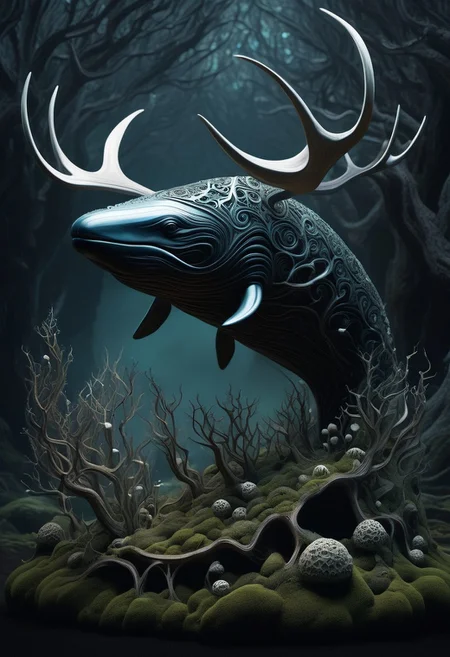 A graceful whale with antlers resembling gnarled, petrified branches, standing in a moonlit clearing surrounded by bioluminescent flowers and decaying logs. Its body is adorned with patterns of moss and delicate, bone-like structures that glow faintly. The air is thick with ethereal mist, creating a haunting yet serene atmosphere. Organic Macabre aesthetic, ultra-detailed, cinematic composition, dark fantasy, organic and macabre balance.