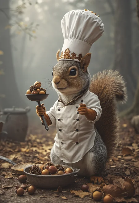 cinematic film still, illustration in the style of gris grimly and clive barker and lars grant-west,masterpiece,intricately detailed,(a squirrel chef with a pan full of large acorns),sunglasses,white-puffy-chef-hat,bold colors,bright colors,vivid . shallow depth of field, vignette, highly detailed, high budget, bokeh, cinemascope, moody, epic, gorgeous, film grain, grainy