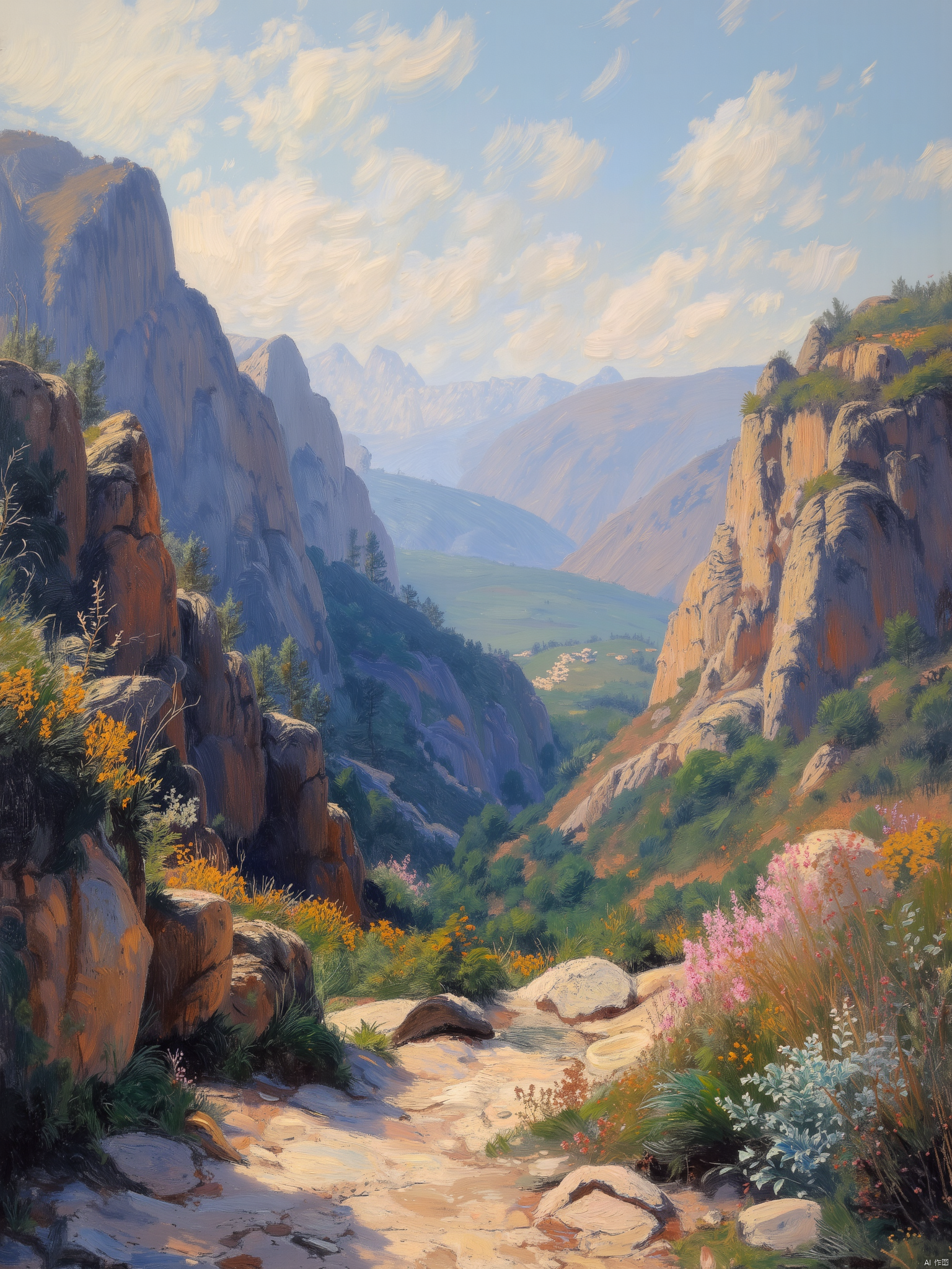 OByouhua,oil painting,
A mesmerizing oil painting isometric room, a serene landscape of a mountain vista. The artist's delicate brushstrokes capture the subtle variations in light and shadow across the rugged mountain peaks, while the intricate textures of the rocks and crevices bring the landscape to life. The artist creates a sense of tranquility with the use of calming tones and soft gradients. The oil painting's attention to detail captures the serene beauty of a mountain vista.