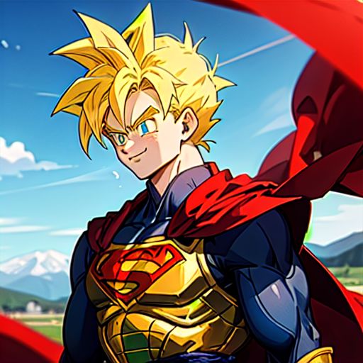 masterpiece, high quality, detailed, 1 boy, young, young body, marked body, Son Goten, alone, super Saiyan, blonde hair, turquoise eyes, blonde eyebrows, smile, upper body, Superman suit, S symbol on the chest, blue sleeves up to the wrist, red cape, confident look, Mount Paoz landscape background, blue sky, bright sun, mountains.