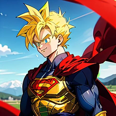 masterpiece, high quality, detailed, 1 boy, young, young body, marked body, Son Goten, alone, super Saiyan, blonde hair, turquoise eyes, blonde eyebrows, smile, upper body, Superman suit, S symbol on the chest, blue sleeves up to the wrist, red cape, confident look, Mount Paoz landscape background, blue sky, bright sun, mountains.