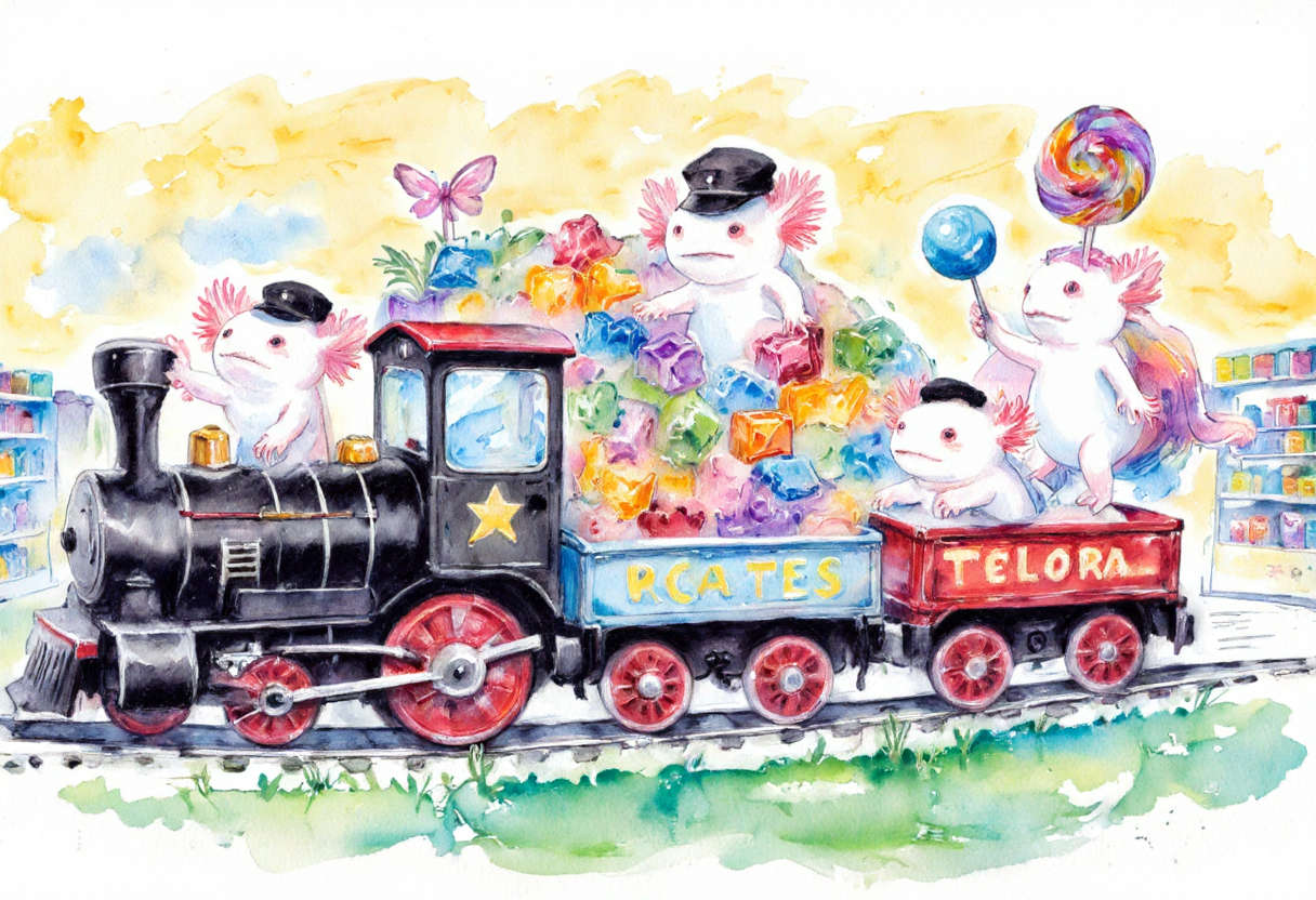 Watercolor painting of, axolotls in a giant toy store, riding on a wind-up train set. One axolotl is sitting in the engine, wearing a tiny conductor's hat, while another is waving from a passenger car. A third axolotl stands on the platform made of building blocks, holding a lollipop as big as itself. The toy store is filled with oversized stuffed animals, towering shelves of games, and colorful decorations, creating a whimsical and playful atmosphere., the axolotls have pink frilly gills and round black eyes