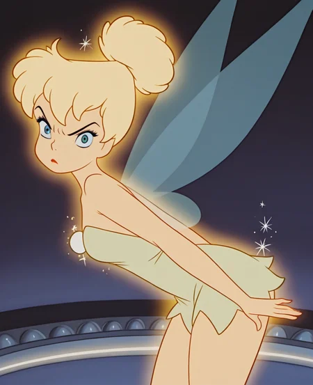 (masterpiece), (best quality), absurdres, intricate details, highres, <lora:Tinker_Bell_ILLUS:1>, tb1, 1girl, blue eyes, blonde hair, dress, wings, strapless, fairy wings, fairy, glowing, looking at viewer, angry, dynamic pose, retro artstyle, closed mouth, from side, cowboy shot,