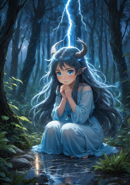2D anime style, inspired by Studio Ghibli, ethereal young woman with long flowing hair, her hands on own cheeks, kneeling in a magical forest during a thunderstorm, surrounded by glowing blue energy. She has expressive, teary eyes filled with sorrow and determination. Her delicate, glowing horns crackle with electricity, reflecting her inner turmoil. The detailed background features lush, mystical plants and softly glowing lights, with raindrops creating ripples in the puddles around her. The atmosphere is serene yet tense, capturing the emotional moment of her awakening to newfound powers, feeling both fear and empowerment. High detail and complexity
