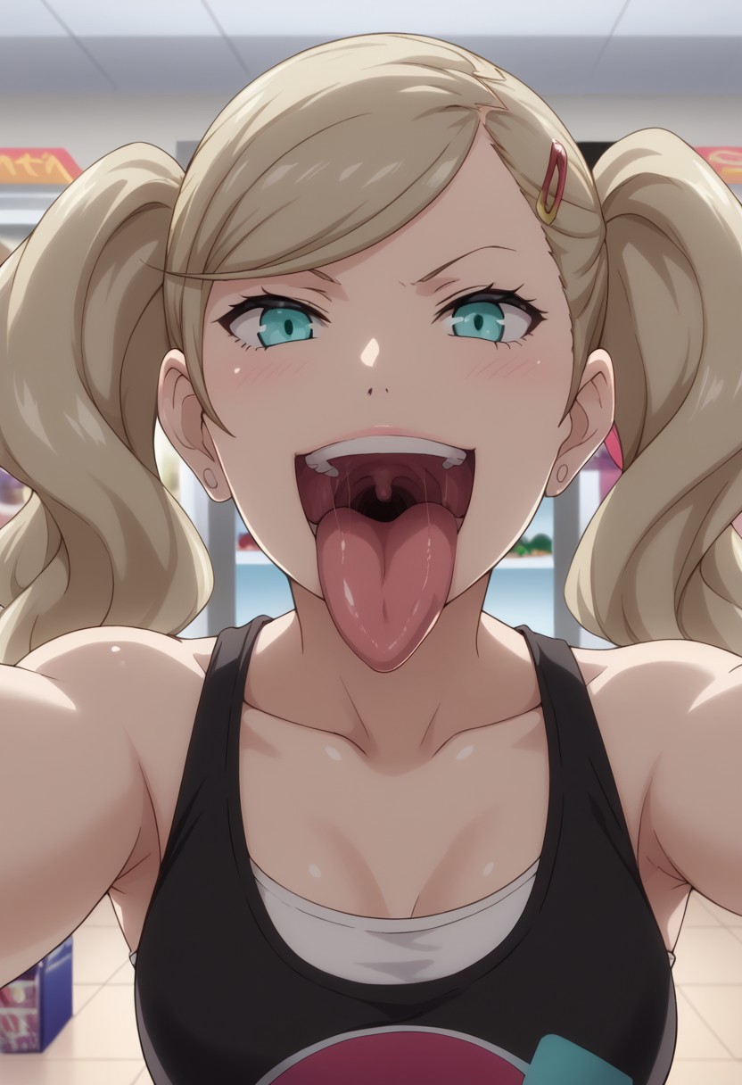 safe_pos, score_9, score_8_up, score_7_up, source_anime, takamaki anne, blonde hair, long hair, twintails, swept bangs, hair clip, p5ann-sumcas, tank top, black tank top, clothes around waist, plaid, pov, selfie, angry smile, evil smile, grin, upper body, head tilted back, looking at viewer, sticking out tongue, big tongue, bright pink tongue, open mouth, wide open mouth, large mouth, huge mouth, mawshot, round uvula, throat, big throat, oral invitation, vore, imminent vore, upper teeth, breath fog, close-up, perfect anatomy, indoors, shopping mall