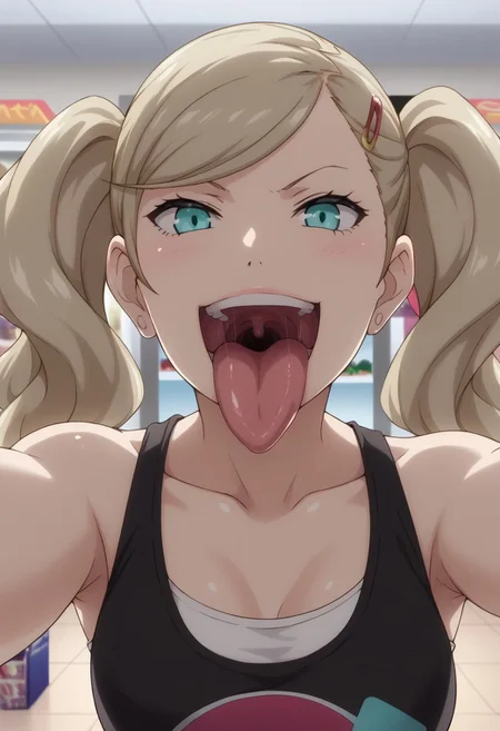 safe_pos, score_9, score_8_up, score_7_up, source_anime, takamaki anne, blonde hair, long hair, twintails, swept bangs, hair clip, p5ann-sumcas, tank top, black tank top, clothes around waist, plaid, pov, selfie, angry smile, evil smile, grin, upper body, head tilted back, looking at viewer, sticking out tongue, big tongue, bright pink tongue, open mouth, wide open mouth, large mouth, huge mouth, mawshot, round uvula, throat, big throat, oral invitation, vore, imminent vore, upper teeth, breath fog, close-up, perfect anatomy, indoors, shopping mall