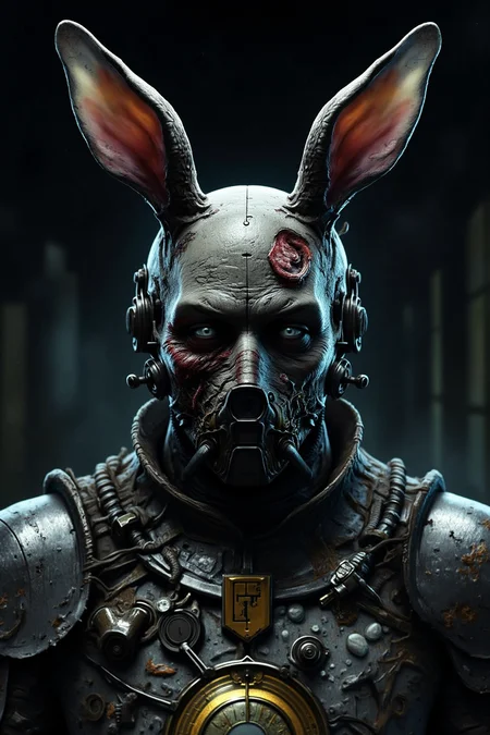 Frekz, YFG-F@ce, Full size, unholy abomination, a hare's head with wounds, cut off hare ears, cover eyes, wearing heavy armor, digital glossy art, ultra HD, dynamic lighting, enhanced shadows, cinematic look, ultra realism, inside of dark ruin./