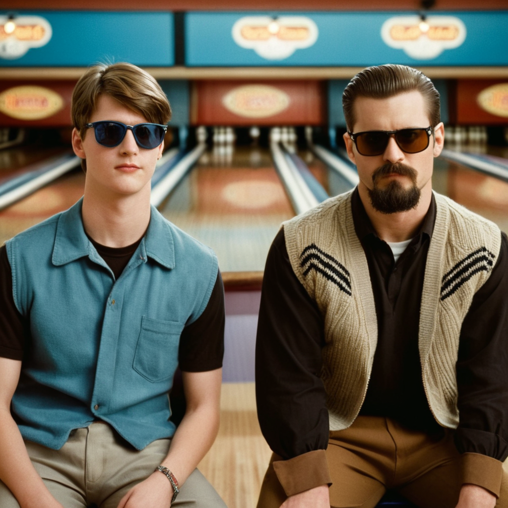cinematic film still of  <lora:1990's style:1.2>
In the 1990's two 90's men sitting on chairs in a bowling alley,looking at viewer,blue eyes,brown hair,shirt,sitting,closed mouth,jacket,male focus,multiple boys,shorts,indoors,2boys,vest,black shirt,facial hair,chair,sunglasses,beard,realistic,mustache,animification,stool , realistic,realism, detailed, perfection,perfect,filmic,retro,vintage,classic,different haircut,different look,different style,different people, 1990's style , 1990 style, shallow depth of field, vignette, highly detailed, high budget, bokeh, cinemascope, moody, epic, gorgeous, film grain, grainy