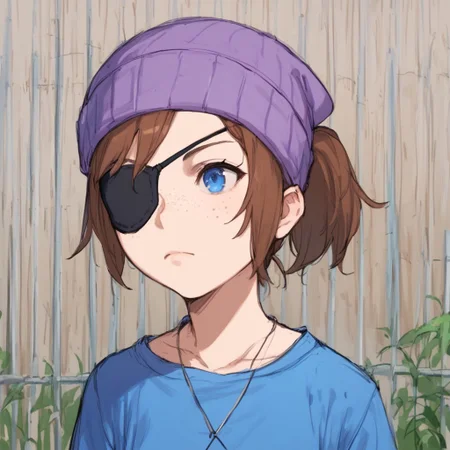 sketch, anime coloring, score_9, score_8_up, score_7_up, score_6_up, girl, freckles, solo, hairband, blue shirt, shirt, fence, playset, purple beanie, black eyepatch, brown hair, necklace, upper body, lips, jewelry, short hair, ponytail, blue eyes, :<,