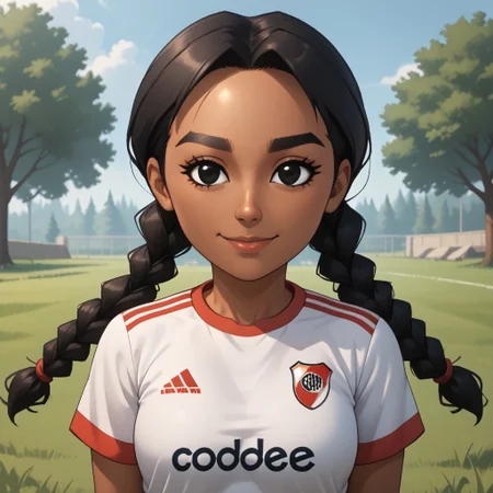 score_9, score_8, BREAK, solo, wii, mii, wii sports club, 1girl, female mii, black eyes, thick eyebrows, black hair, low braids, dark skin, dark skin female, smile, RiverPlate, striped shirt, striped, shirt, white shirt, short sleeves, clothes writing, sportswear, soccer uniform, cute, nintendo mii, modern_mii, classic_mii, breasts, laura_(\wii_sports_club\), sexy pose, self portrait, smile, outdoors, sunlight, shadows, evening lighting, natural lighting, forest, trees, grass, orange sky, sunset