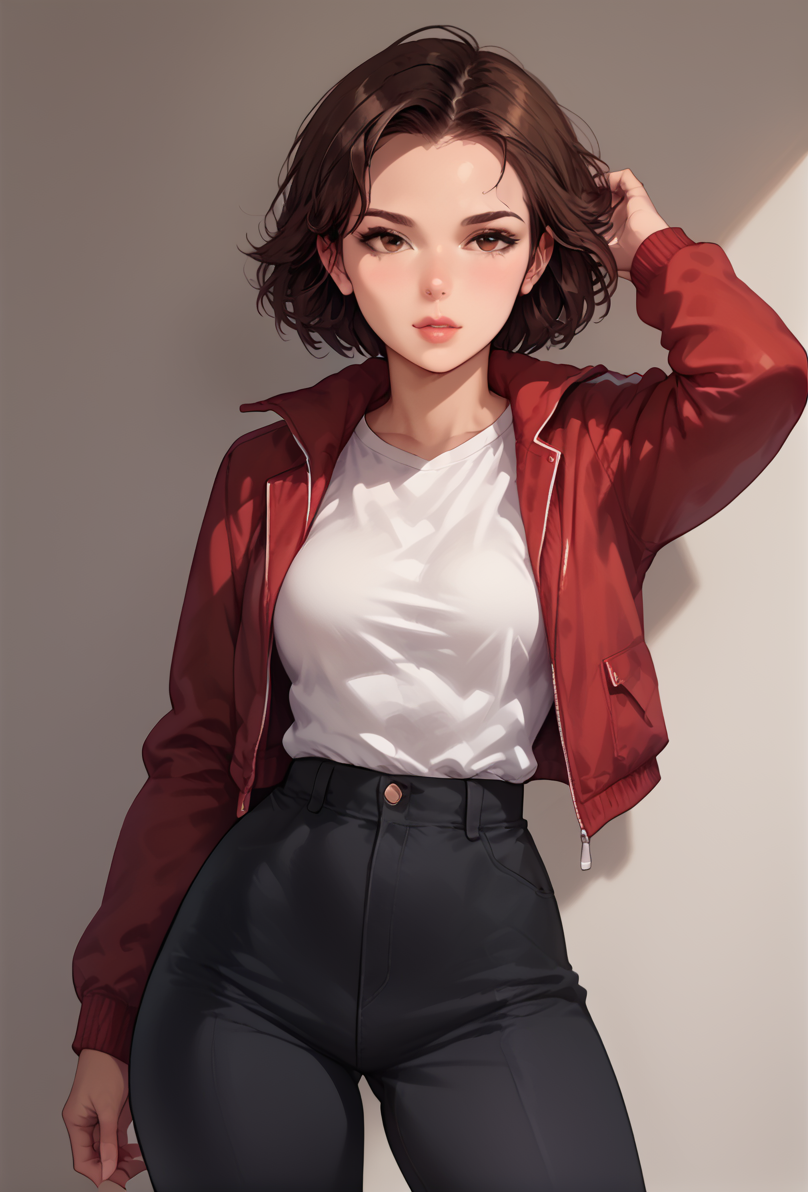 a cartoon picture of Madison russell in brown short hair, superflat, red jacket,
superflat, a detailed drawing,jacket,white shirt, <lora:Madison_russell:0.7>,score_9, score_8_up, score_7_up, score_6_up,source, <lora:cartoonstv02XLP:0.6>, fit, solo, curvy, suit, bedroom