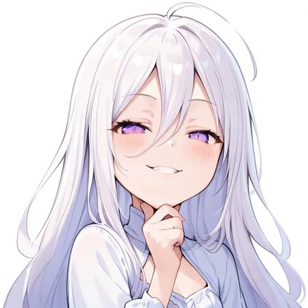 masterpiece, best quality, high resolution, absurdres, 1girl, purple eyes ,white hair  , long_hair, ahoge,hair between eyes,  parted bangs,chibi, looking at viewer, smug, teasing,scoffhand on chin, teeth, centered, aroused, blush, upper body, transparent background, very smug smile, best quality, highres, absurdres, amazing quality, masterpiece, 
Sticker,solid stroke,