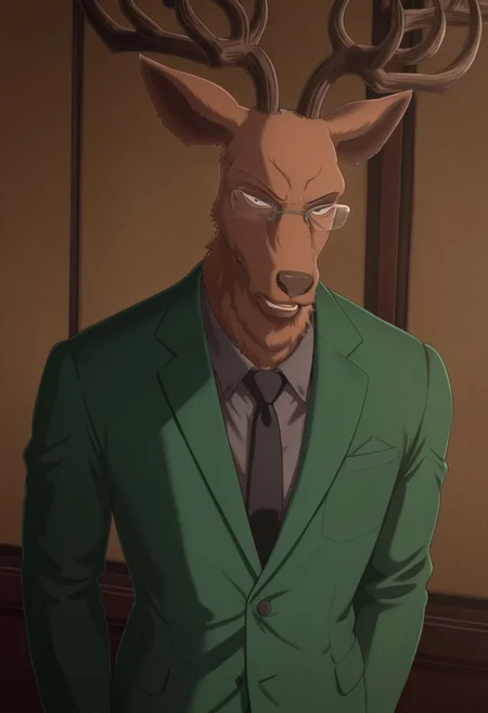 Masterpiece, best quality, high quality, detailed, male, solo male, 1boy, Oguma, mature male, anthro, deer, reddish brown body, black eyes, beastars, antlers, animal ears, broad shoulders, athletic build, glasses, looking at viewer, scowl, gray shirt, black tie, green suit, half body, volumetric lighting, standing, office, standing near window, w0lfc0nf