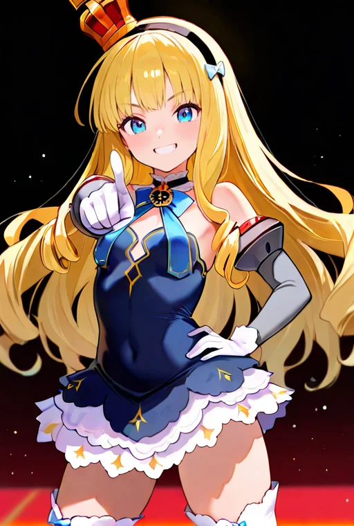 masterpiece, High quality, Ultra detailed, 2d, newest, absurdres, highres, BREAK
1girl, solo, <lora:QNELI_v2_LISETTElora:0.8>, qneli, long hair, blonde hair, mini crown, black hairband, blue eyes, 
small breasts, qnelidef, blue bow, short dress, dress, bare shoulders, detached sleeves, white gloves, white thighhighs, 
looking at viewer, smile, teeth, hand on own hip, pointing at viewer,
