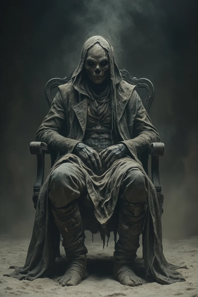 A humanoid figure seated in a chair, appearing to be a fusion of organic and mechanical elements. The figure has black eyes, a headpiece adorned with dust, and is covered in a coat or robe. The background is dimly lit, with a misty or foggy ambiance, and the ground appears to be sandy or dusty. The overall mood of the image is eerie and mysterious.