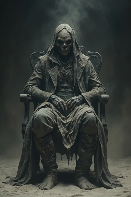 A humanoid figure seated in a chair, appearing to be a fusion of organic and mechanical elements. The figure has black eyes, a headpiece adorned with dust, and is covered in a coat or robe. The background is dimly lit, with a misty or foggy ambiance, and the ground appears to be sandy or dusty. The overall mood of the image is eerie and mysterious.