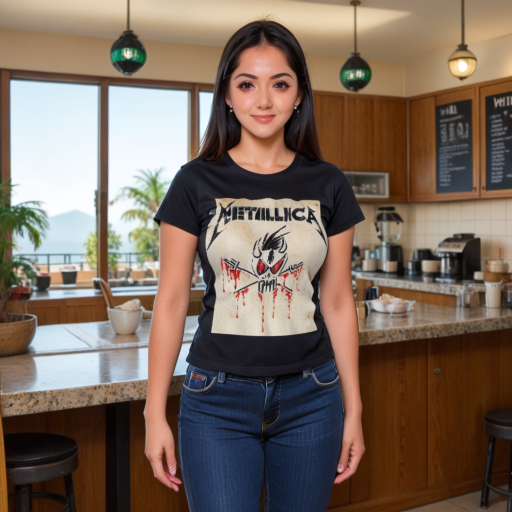 anime artwork masterpiece, ultra quality, ultra detailed, a woman wearing a Metallica t-shirt, metallica logo, bones design, she's wearing black jeans in a coffee shop. mtbs, metallica, metallica_bones, metallica logo, metallica t-shirt mtbs, metallica_bones, <lora:Metallica-Bones-tshirt-ponyv2:0.7> mtbs, metallica, metallica_bones, metallica logo . anime style, key visual, vibrant, studio anime,  highly detailed