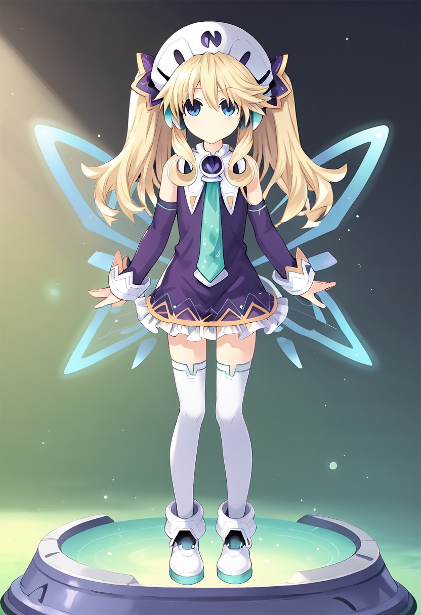 Histoire \(neptunia)\, blonde hair, blue eyes, long hair, twintails,, short dress, hat, necktie, thighhighs, white legwear, fairy wings, footwear, boots, detached sleeves,, short,   standing,   score_9, score_8_up, score_7_up, ,source_anime, best quality, masterpiece,   , full body view ,  1girl , solo , girl focus ,