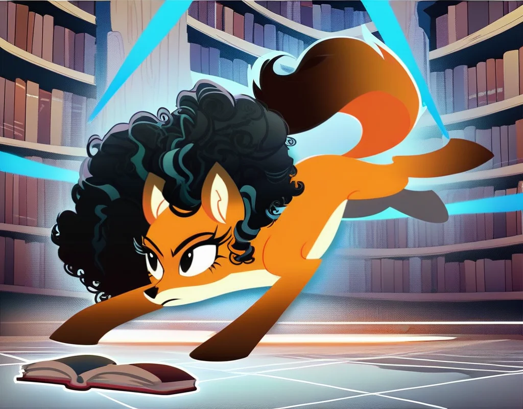score_9, score_8_up, score_7_up, score_6_up, score_5_up, score_4_up, source_pony, fox pony, solo, betes, big eyes, long eyelashes, black pupils
BREAK
orange fur, countershading, long hair, curled hair, black hair, fox tail,action pose, health bar, detailed background, amazing background, library, books, fight, gameplay mechanics, show accurate, vector, flat colors