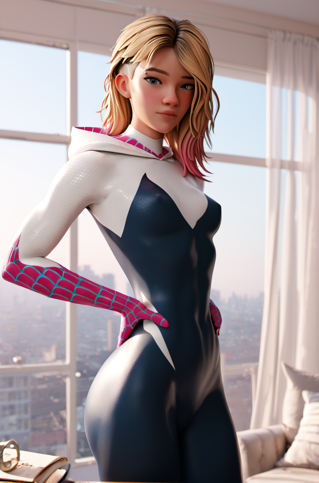 PonyXLV6_Scores BREAK (perfect anatomy, perfect eyes, cowboy shot), <lora:add_details_xl:0.8> BREAK <lora:Gwen_Stacy_-_Marvel_Animation:0.8> gwen stacy, blonde hair, asymmetrical hair, multicolored hair, pink hair, eyebrow piercing, blue eyes, ((looking at viewer)), hood, superhero, hooded bodysuit, bodysuit, skin tight, spider web print, small breasts, curvy, toned, athletic, standing, seductive pose, hands on hip, indoors