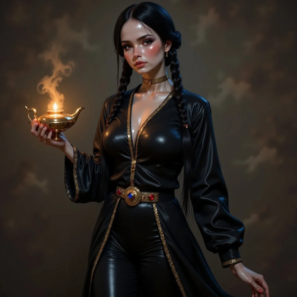 Wednesday Addams in a black genie style outfit. Holding a genie lamp. Double braided black hair.