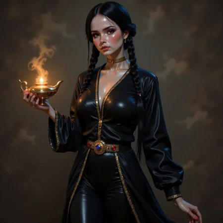 Wednesday Addams in a black genie style outfit. Holding a genie lamp. Double braided black hair.