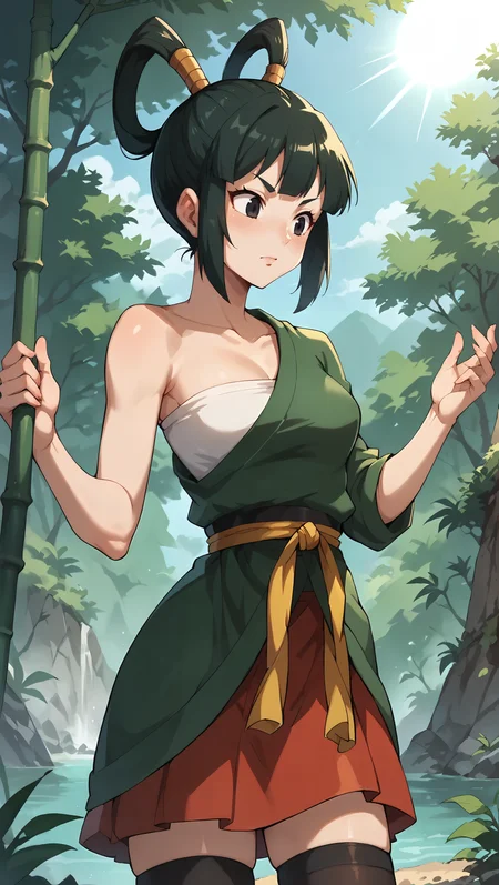 score_9,score_8_up,score_7_up,score_6_up, source_anime, zPDXL, girl, dark green hair, hair rings, sidelocks, black eyes, green kimono, (sarashi), one bare shoulder, red skirt, thighhighs, <lora:Wakfu_CartoonV02:0.5>, <lora:xl_more_art-full_v1:0.5>, <lora:Yurin - Pony-000004:0.8> , standing, bamboo forest, light rays,
