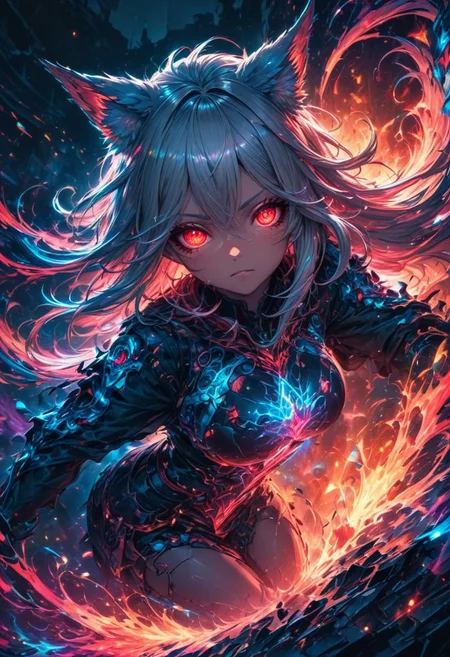 fox girl, solo,  adult, sexy,  little light, street clothing, long hair, oval face, red eyes, eyeliner, eyeshadow, particles, depth of field, strikes a pose,white hair, plain, top view,cinematic, (masterpiece), (best quality), (ultra-detailed), very aesthetic, illustration, perfect composition, 2D or 2.5D, intricate details, absurdres, detailed face (detailed beautiful eyes),(sharp:1.2), (detailed:1.2), (HD:1.2), (HDR:1.2), (8K:1.2), (best quality:1.2), (best resolution:1.2), maximalist, (masterpiece:1.2)