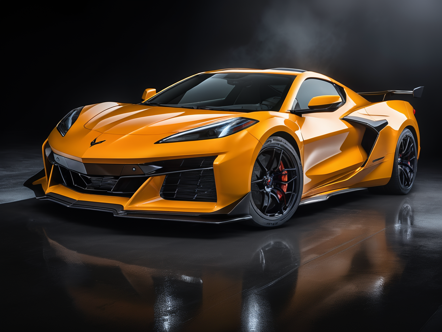 a professional closeup photo of cvttz06 car complete car, dark studio background, spot lights, rim light, windows casting light, foggy, reflective concrete floor, 8k, uhd, sublime, breathtaking , specular highlights <lora:cvttz06_car_t12_SDXL-000010:0.7>