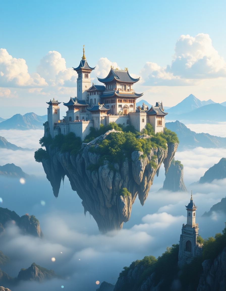 <lora:MW_Minis01flux:1> mwm01, cinematic, majestic, fantasy, T10, gold, blue, bokeh, a majestic fantasy castle with traditional East Asian architectural elements, perched atop a tall, narrow floating island of rock, surrounded by lush greenery. The scene is set high above the clouds in a mountainous region, with mist rolling through the deep valleys below. The castle features ornate curved rooftops, spires, and a grand entrance, all bathed in soft morning light. The overall atmosphere is serene and ethereal, with a dreamlike quality enhanced by the low-angle aerial view showcasing the dramatic height and isolation of the floating island. Puffy clouds and distant mountain peaks fill the background under a clear, pastel blue sky.