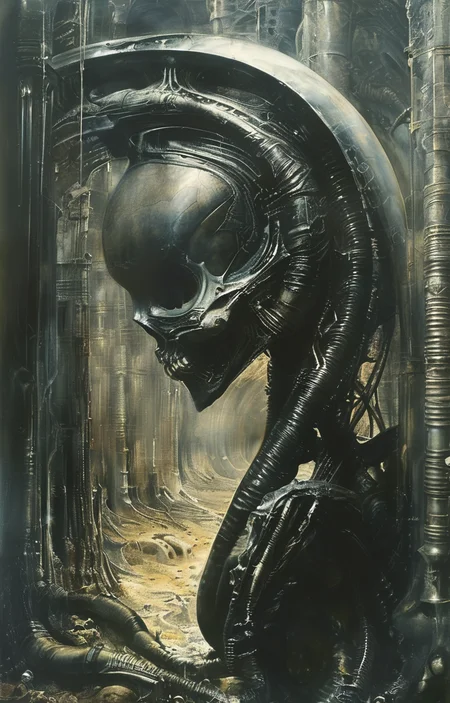 masterpiece,best quality,<lora:tbh295-sdxl:0.9>,illustration,style of H. R. Giger A bottle of perfume in garden