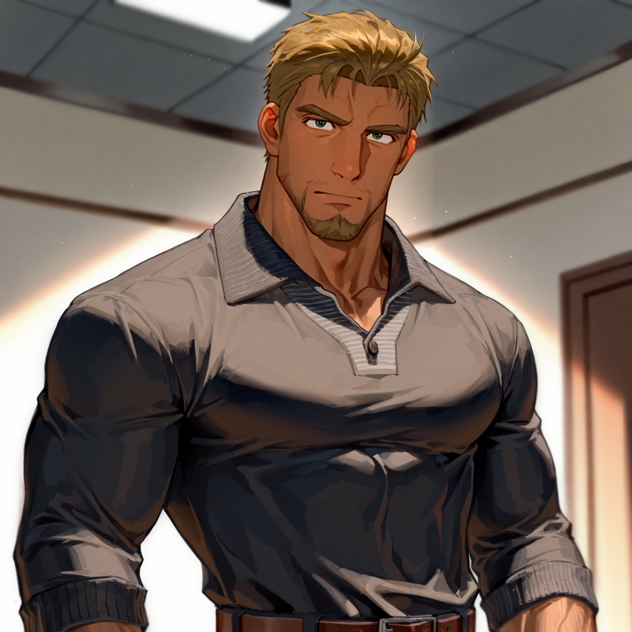 <lora:James_Links_Zone_of_the_Enders-000007:.8> James Links, Blonde hair, green eyes, dark skin, Stubble, ((upper body, belt)), 
upper body, looking at the viewer,
(very short hair, beard, bara, mature, facial hair, stubble, beard, full beard, sideburn, beard, a lot of beard, ), facial hair,male focus, muscular male, muscular male, bara, mature,  bara, mature, aixiwuganda_(20222192), very awa, masterpiece, best quality, absurdres, newest, perfect quality, detailed background, intricate details,
<lora:slider_Body Type_alpha1.0_rank4_noxattn_last:3><lora:Anime Summer Days 2 Style SDXL_LoRA_Pony Diffusion V6 XL:.6><lora:slider_cfg_scale_boost:.7><lora:Artist6p:.55>, Artist6p, Artist04p,<lora:slider_il_brightness_slider_d1:-1><lora:slider_il_contrast_slider_d1:-1><lora:slider_DarkSlider1.2_alpha1.0_rank16_full_300steps:-.6>