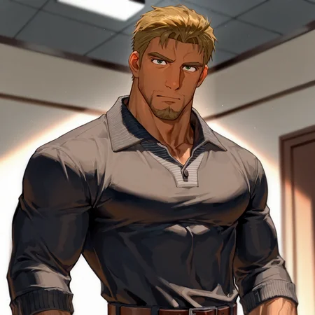 <lora:James_Links_Zone_of_the_Enders-000007:.8> James Links, Blonde hair, green eyes, dark skin, Stubble, ((upper body, belt)), 
upper body, looking at the viewer,
(very short hair, beard, bara, mature, facial hair, stubble, beard, full beard, sideburn, beard, a lot of beard, ), facial hair,male focus, muscular male, muscular male, bara, mature,  bara, mature, aixiwuganda_(20222192), very awa, masterpiece, best quality, absurdres, newest, perfect quality, detailed background, intricate details,
<lora:slider_Body Type_alpha1.0_rank4_noxattn_last:3><lora:Anime Summer Days 2 Style SDXL_LoRA_Pony Diffusion V6 XL:.6><lora:slider_cfg_scale_boost:.7><lora:Artist6p:.55>, Artist6p, Artist04p,<lora:slider_il_brightness_slider_d1:-1><lora:slider_il_contrast_slider_d1:-1><lora:slider_DarkSlider1.2_alpha1.0_rank16_full_300steps:-.6>