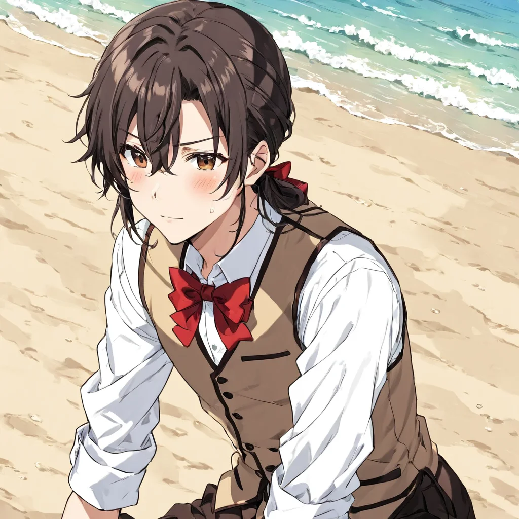 mhuni34_clothes,1boy,male focus,long hair,brown eyes,outdoors,beach,see,wet,masterpiece, high quality,anime,[red bow],[buttons],black hair, <lora:UniformLoraXL-000004:1>