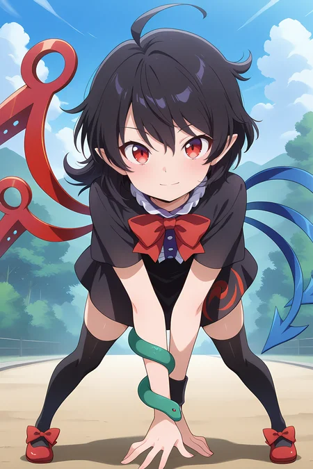 absurdres, highres, masterpiece, best quality, amazing quality, official anime artwork, screencap, anime screencap, outdoors, looking at viewer, light smile, dynamic pose, standing, 
 <lora:Nue-Houjuu_Illustrious:1> houjuu nue, 1girl, solo, red eyes, black hair, short hair, ahoge, pointy ears, asymmetrical wings,, black dress, black thighhighs, red bowtie, center frills, footwear bow, frills, snake armband,