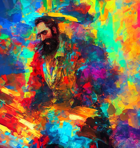 drunk man with beard , expressionism, light rays, colorful background, digital painting, very detailed, Disco Elysium, <hypernet:discoElysiumStyle_discoElysium:0.8>