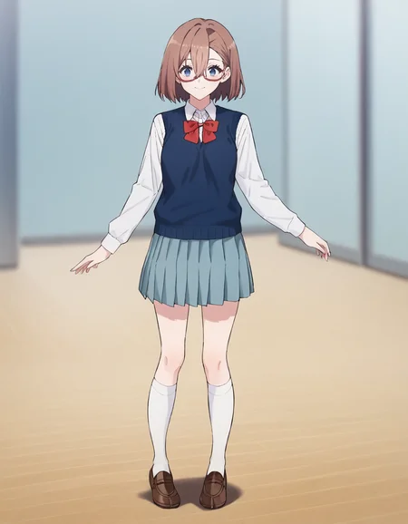 score_9, score_8_up, score_7_up, source_anime,
1girl, solo, looking at viewer, blurry background, simple background, standing, light smile, full body,
lilysa amano, short hair, brown hair, hair between eyes, blue eyes, red eyewear, school uniform, white shirt, collared shirt, red bow, long sleeves, blue sweater vest, grey pleated skirt, kneehighs, white socks, brown loafers,
<lora:lilysa_amano_liliel_anime_v2-soralz:1>