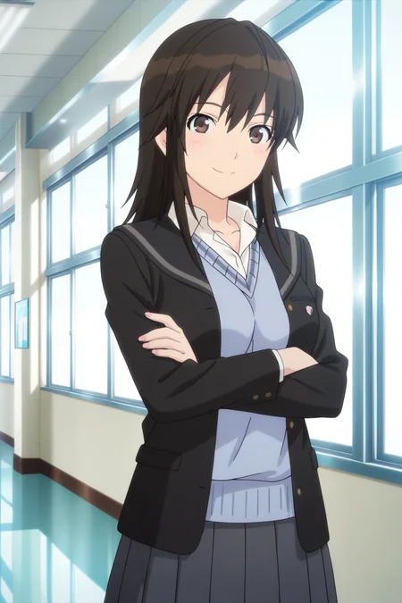 anime screenshot, miyamae tooru, 1girl, solo, black hair, long hair, brown eyes, medium breasts, kibito high school uniform, black jacket, open jacket, white shirt, collared shirt, long sleeves, blue sweater vest, grey skirt, pleated skirt, looking at viewer, smile, crossed arms, cowboy shot, indoors, hallway, masterpiece, best quality, high quality, highres, absurdres, <lora:miyamae_tooru_ILXL:0.9>